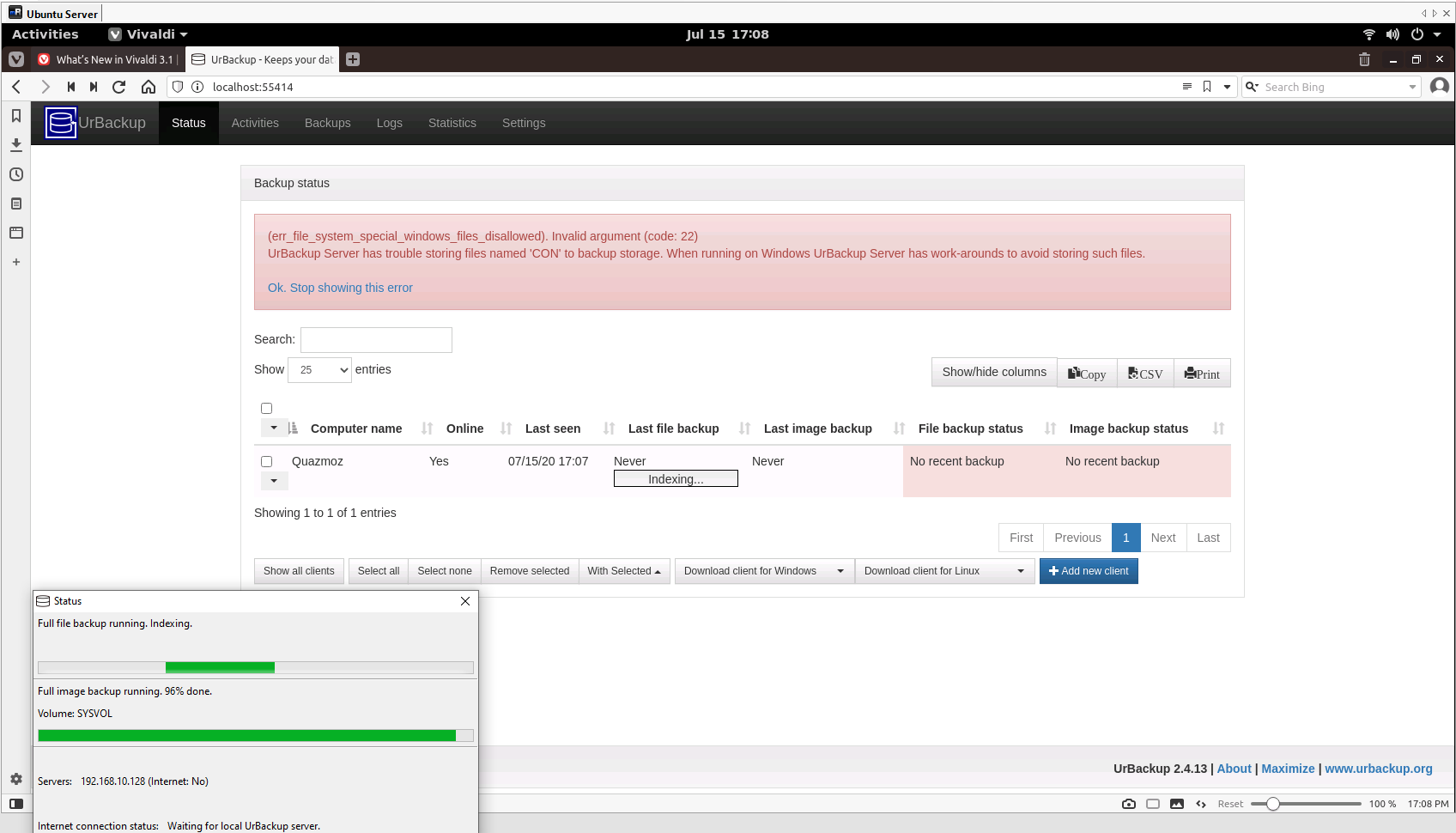 UrBackup status screen showing active backup progress and client connections