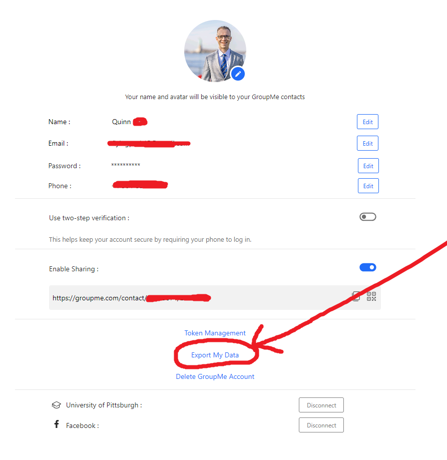 GroupMe data export interface showing export options
