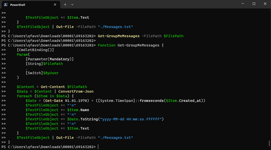 PowerShell terminal showing the Get-GroupMeMessages function