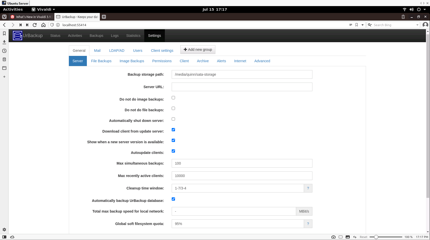 UrBackup server settings interface showing backup configuration options