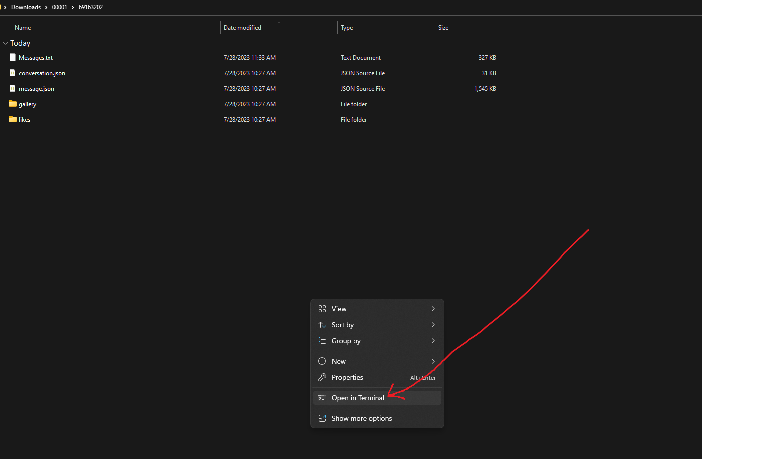Windows Explorer showing extracted GroupMe files