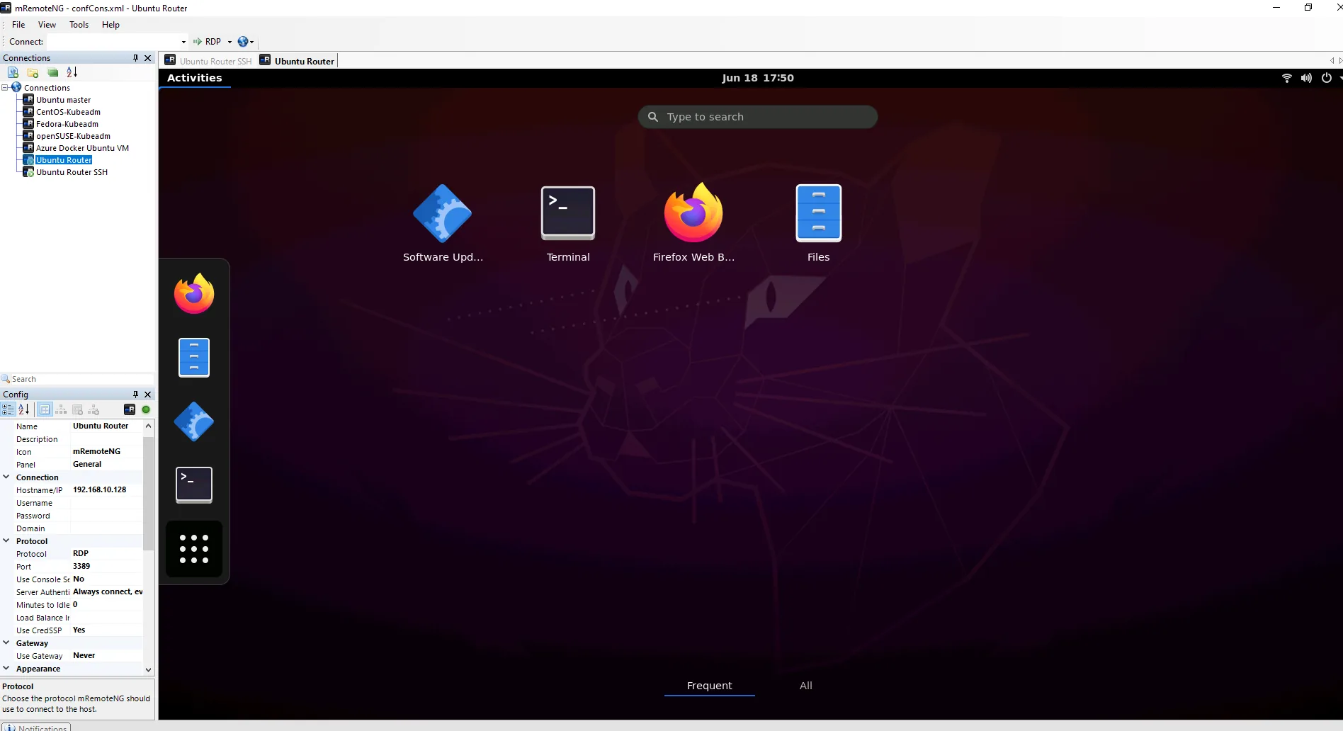 Ubuntu desktop environment accessed via XRDP showing system information and applications